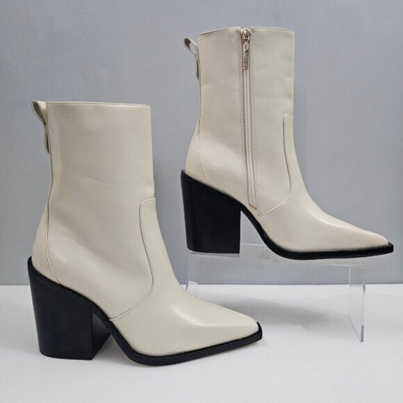 Larroude James Ankle Boot Womens 10 Cream Leather Tall Block Heel Pointed Toe - Picture 3 of 15